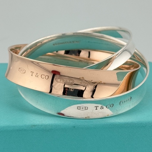 SUPER RARE Tiffany & Co. 1837 Interlocking Rubedo & Silver Bangles Bracelet - Picture 6 of 12
